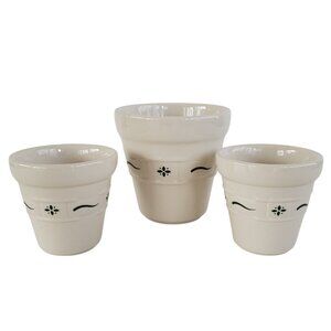 Longaberger Pottery Lot of 3 Flower Herb Pot Ivory Heritage Green No Underplate